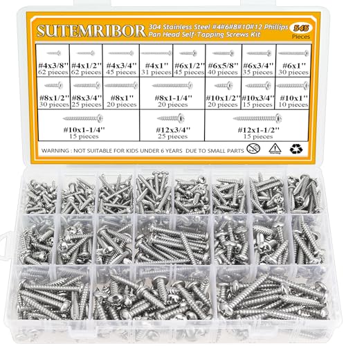 545 Pieces #4#6#8#10#12 Wood Screws Set, Phillips Pan Head #4#6#8#10#12 Self-Tapping Screws Assortment Kit, 304 Stainless Steel Wood Screws Kit (#4#6#8#10#12)