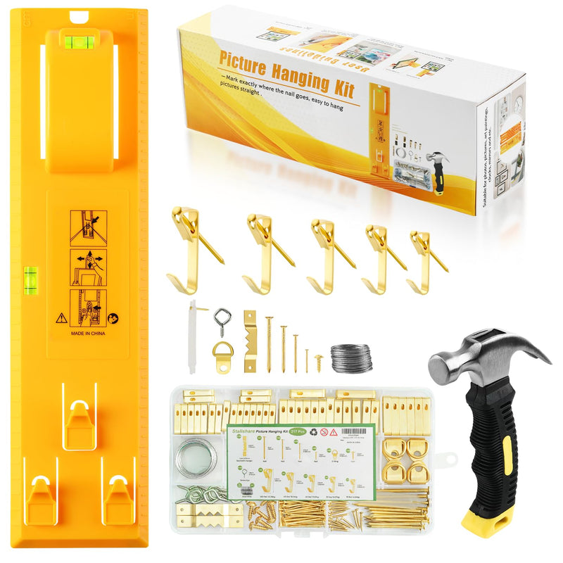 Picture Hanging Kit, Include Picture Hanging Tool with Level/ Picture Hanging Hareware/ Small Hammer, for Easy Hang and Level, Goodsnova Wall Hanging Kit Assorted with Sawtooth/ Wire Hanger Fresh