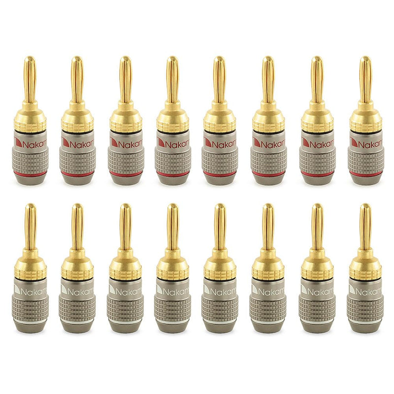 Nakamichi FanLock Excel Series 24k Gold Plated Banana Plug 10 AWG - 18 AWG Gauge Size 4mm for Speakers Amplifier Hi-Fi Stereo Home Theatre Radio Audio Wire Cable Quick Connector, 16 Pcs (8-Pairs) 16 Pcs (8-Pairs)