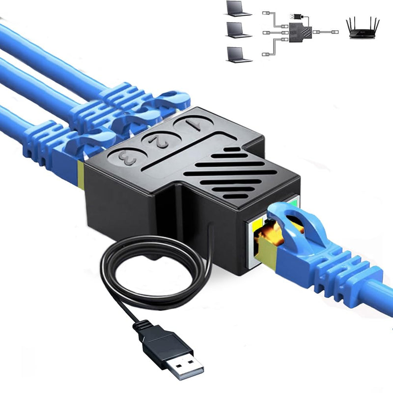 RJ45 Network Splitter Adapter, USB to RJ45 Network 1 to 3 Dual Port Ethernet Socket Connector 8P8C Extender Plug LAN Interface for Cat5e,Cat6,Cat7,Cat8 (1 to 3)