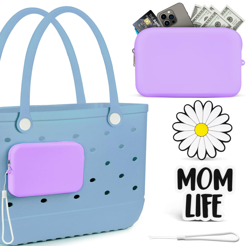 Large Phone Holder for Bogg Bag, Soft Silicone Waterproof Phone Holder with Zipper and Charms for Medium Large Xlarge Bogg Bag Simply Southern Modern Rubber Beach Bag,Purple Purple