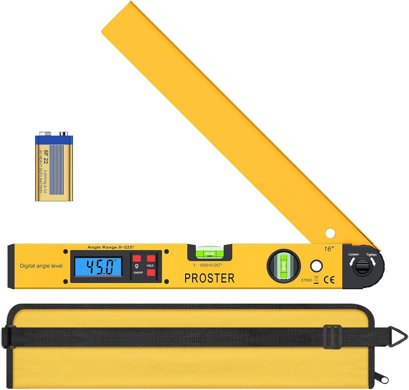 Proster Digital Angle Finder Gauge - Aluminum Angle Finder 16 inch 400mm with LCD Vertical Horizontal Spirit Level and Magnetic Base for Woodworker Yellow