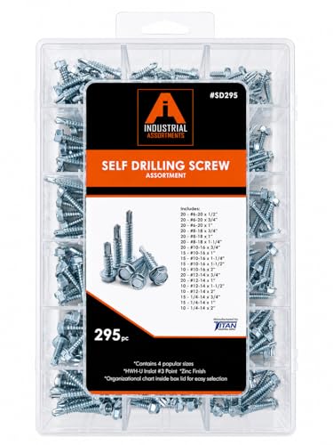 Titan Industrial Supply- 295-Piece Self Drilling Screw Assortment Kit – Zinc Plated Hex Washer Head Screws, #3 Point, Sizes #6-20, #8-18, #10-16, #12-14 & 1/4"-14.