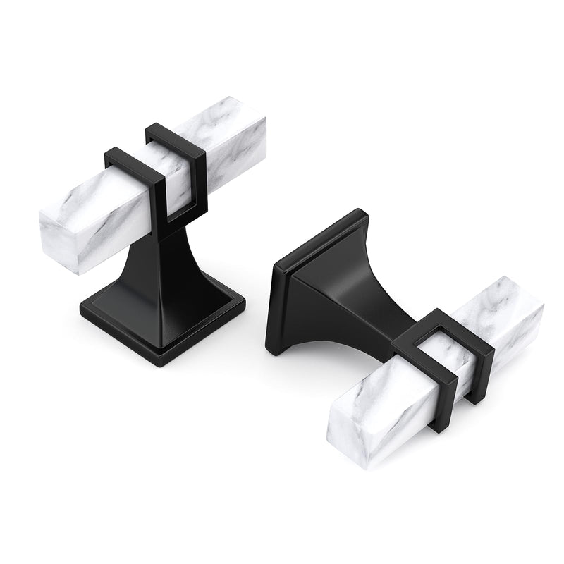 Haliwu 10 Pack Kitchen Cabinet Knobs Black and White Marble Grain Knobs Dresser Drawer Handles Kitchen Cabinet Pulls, 2 Tone Square T Bar Hardware T-bar Knob White Marble & Black