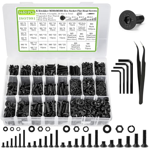M3 M4 M5 M6 Nuts and Bolts Assortment Kit, Hex Socket Flat Head 24 Size 6-25mm Metric Bolt Assortment, Upgraded Zinc Plated Screw Set Machine Screws, Bolts and Nuts Kit w/Washers, 1485Pcs F. M3 M4 M5 M6