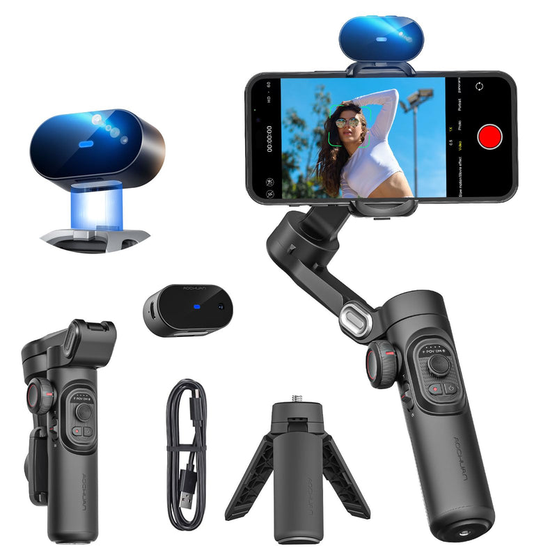 AOCHUAN XE AI Version,Gimbal Stabilizer for Smartphone,NO APP AI Tracking, Gesture Control,360°Inception Gimbal with TikTok YouTube,3-Axis Foldable Handheld Tripod for iPhone& Android,Black Smart XE AI
