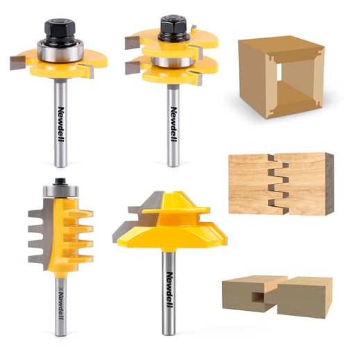 Newdeli 45 Degree Lock Miter & Tongue and Groove & Finger Joint Router Bit Set - 1/4 Inch Shank Woodworking Milling Cutter Tool 4-Piece Set
