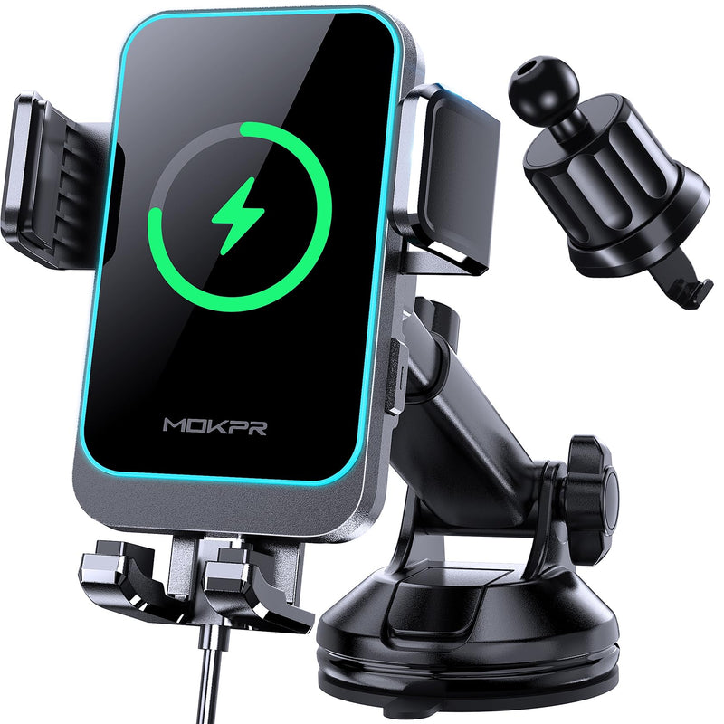 Wireless Car Charger, MOKPR 15W Fast Charging Auto Clamping Dashboard Windshield Air Vent Car Phone Holder with LED Light Car Charger for iPhone 16 15/14/13/12 Pro Max Plus, Samsung S23/S22/S21,etc