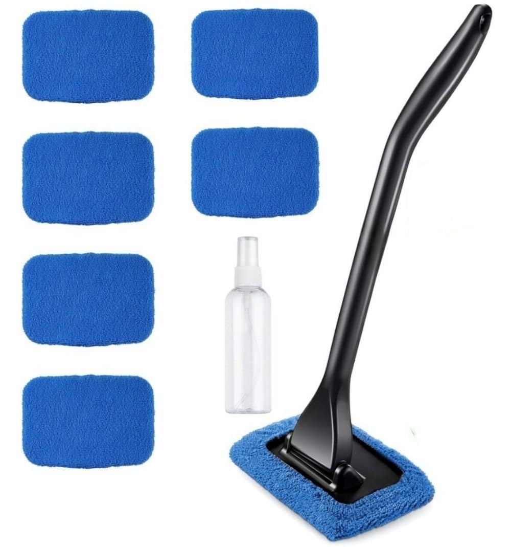 Windshield Cleaning Tool Car Window Cleaner with 5 Reusable and Washable Microfiber Pads and Extendable Handle Auto Inside Glass Wiper Kit blue