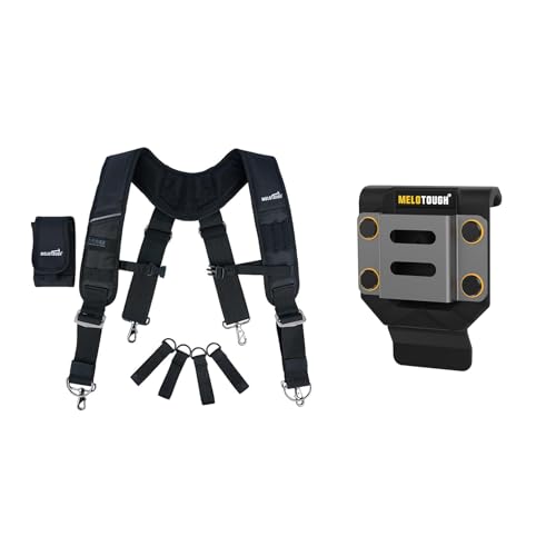 MELOTOUGH Tool Belt Suspenders Construction Bag Suspenders Heavy Duty Padded Work belt Suspenders,Drill Holder for Tool Belt,Drill Belt Clip,Drill Holster,Tape Measure Holder,Drill Belt Holder(Black)