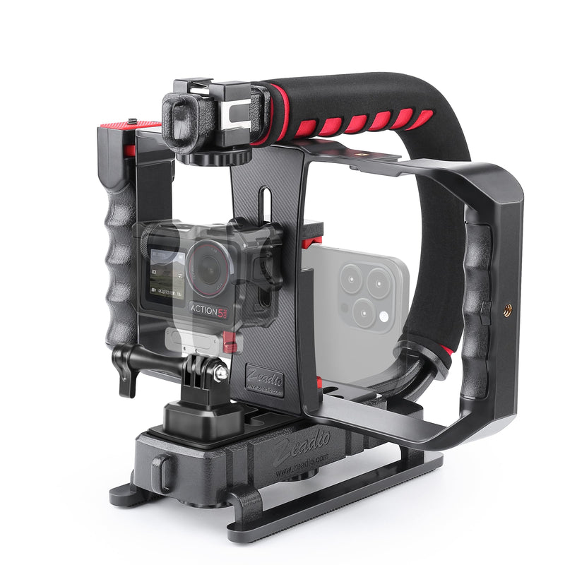 Zeadio Camera Handheld Stabilizer with Smartphone Video Cage Rig, Triple Cold-Shoe Handle Grip Compatible with All Camera Action Camera DSLR Smartphone Basic Version