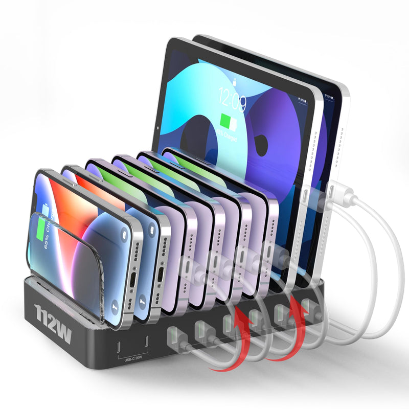 Unitek 8 Port USB Charger Dock - 2 PD 20W USB-C + 6 USB-A Ports Fast Charging Station for iPhone, iPad, Samsung Devices - Black Multi Tablet Holder & Organizer White
