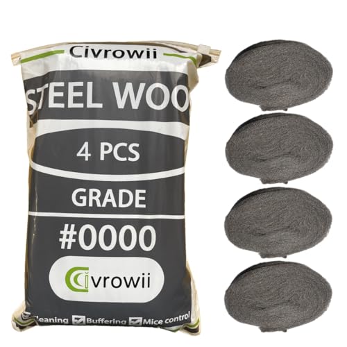 (4 Pack) Civrowii 0000 Steel Wool Hole Filler, Gap Blocker, Barrier, Also for Glass Fine, Steel Wool Pads for Chrome or Wood Polishing (4) 4