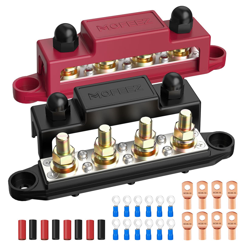MOFEEZ Power Distribution Block Bus Bar, 4 x 3/8" Post Marine Bus Bar Battery Busbar Terminal Block with Cover, Lugs, Ring Terminals (Pair, Red & Black) 4 x 3/8" with copper lug