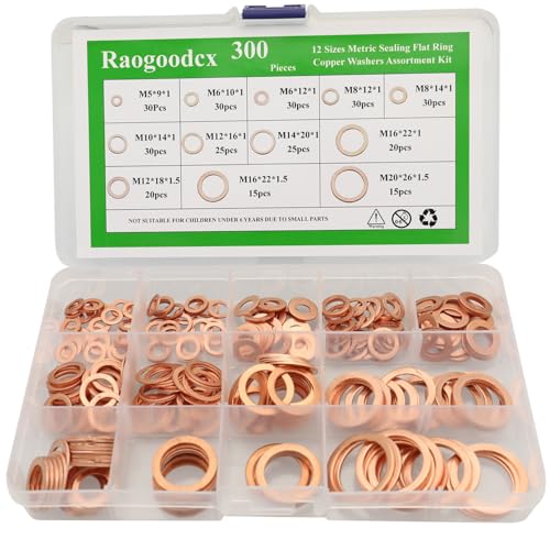 300Pcs 12 Sizes Copper Washer Metric Sealing Washers Assortment Set- M5 M6 M8 M10 M12 M14 M16 M20
