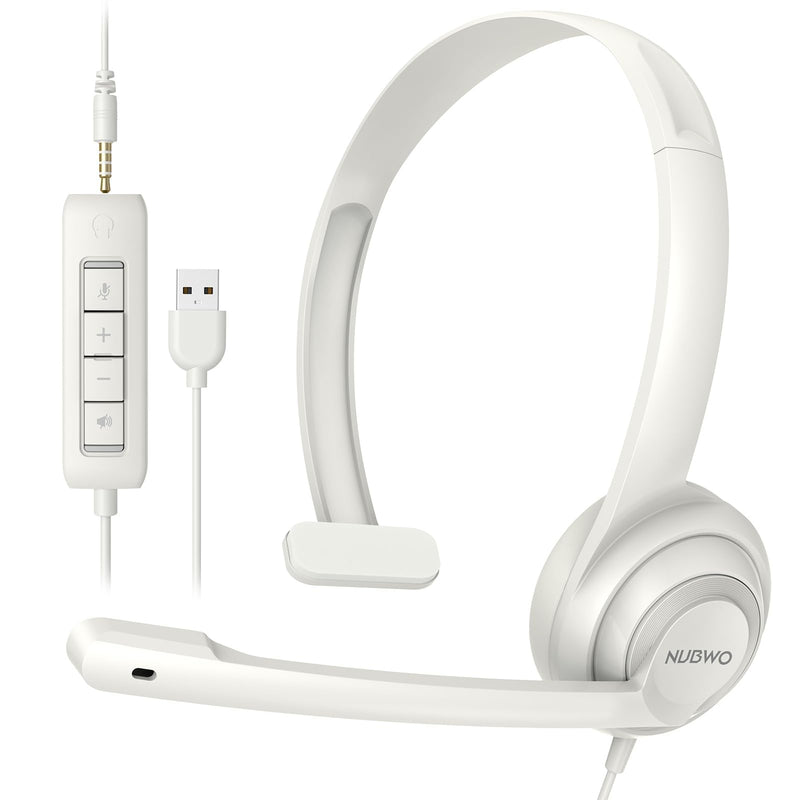 HW02 USB Headset with Microphone Noise Cancelling &in-line Control, Super Light, Ultra Comfort Computer Headset for Laptop pc, On-Ear Wired Office Call Center Headset for Boom Skype Webinars（White） White 3.5+USB