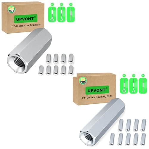 Hex Coupling Nuts 1.75-Inch, 1/2"-13 with 1/4"-20 (20 PCS), Ideal for Threaded Rods & Studs