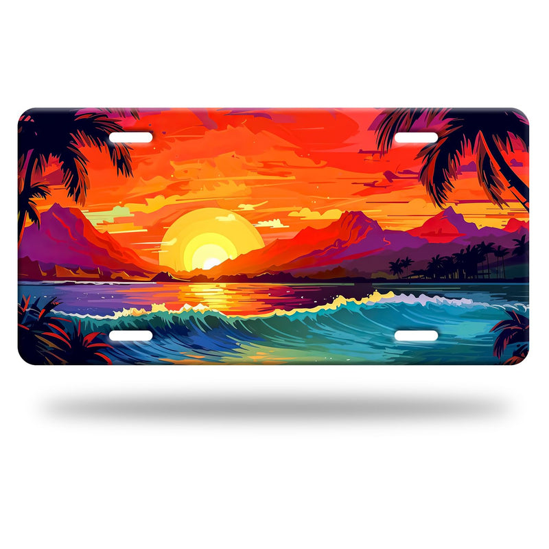 Hawaiian Seaside Sunset Scenery License Plate Beach License Plate Funny Personalized Car Decoration Stainless Steel Car Front License Plate Decor Vanity Tag 4 Holes 6 X 12 Inch for Car SUV Truck Hawaiian Seaside Sunset Scenery