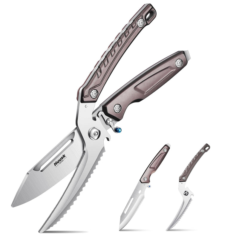 Huusk Heavy Duty Poultry Scissors - Kitchen Scissor for Food with Serrated Edge, Detachable Sharp Shears for Cutting Meat, Chicken Bone and Turkey, Scissors All Purpose for Thanksgiving (Brown) Brown