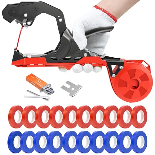 Grade Plant Tying Machine, Upgraded Tape Gun with 20 Tape Rolls & 10,000 Staples, Fast Vine Support Tool for Greenhouse/Vineyard/Farm, Lightweight Plant Tie Tapener Gun with Blades & Gloves (Red) Red