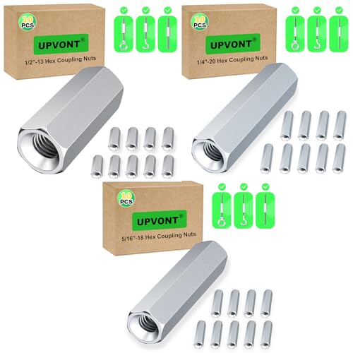 Hex Coupling Nuts 1.75-Inch, 1/2"-13, 1/4"-20, 5/16"-18 (30 PCS), Ideal for Threaded Rods & Studs
