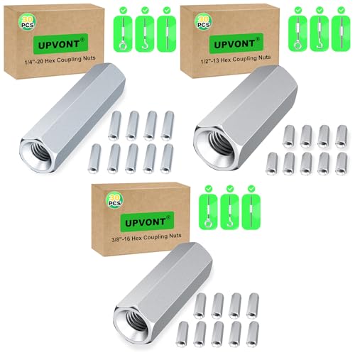 Hex Coupling Nuts 1.75-Inch, 1/4"-20, 1/2"-13, 3/8"-16 (90 PCS), Ideal for Threaded Rods & Studs