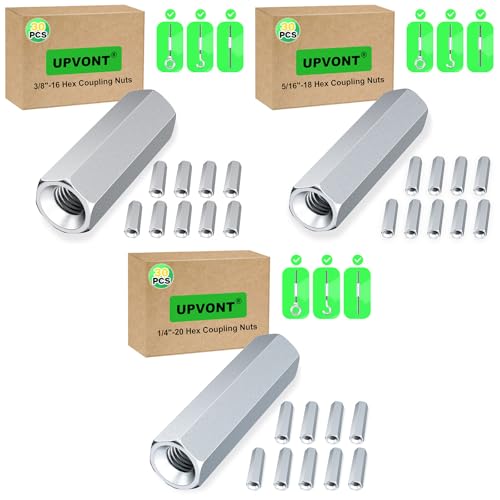 Hex Coupling Nuts 1.75-Inch, 3/8"-16, 5/16"-18, 1/4"-20 (90 PCS), Ideal for Threaded Rods & Studs