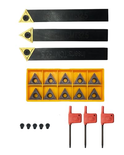 GBJ 3pcs 1/2inch Indexable Carbide Lathe Turning Tool Holder Mrtal Lathe Cutting Tools with TCMT16T304/32.51 Carbide Inserts（3pcs Yellow+10pcs Bronze） and 5pcs Screws