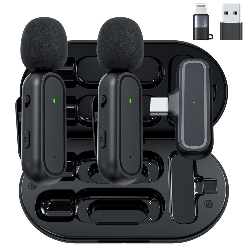2-Pack Wireless Lavalier Microphone for iPhone Vlogging Included Charging Case & Jack Adapter, Noise Reduction Plug-Play Clip on Lapel Mic for Vlogging,Youtuber,Video Recording,Live Streaming Oval Case Dark Black