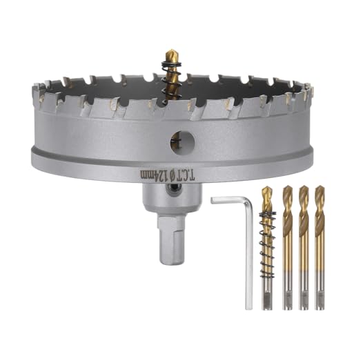 HARFINGTON Carbide Hole Saw Kit 124mm (4-7/8") Metal Hole Cutter Set with 5pcs Center Drill Bits Springs 1pcs Wrench for Stainless Steel Copper Iron Aluminum 4-7/8"