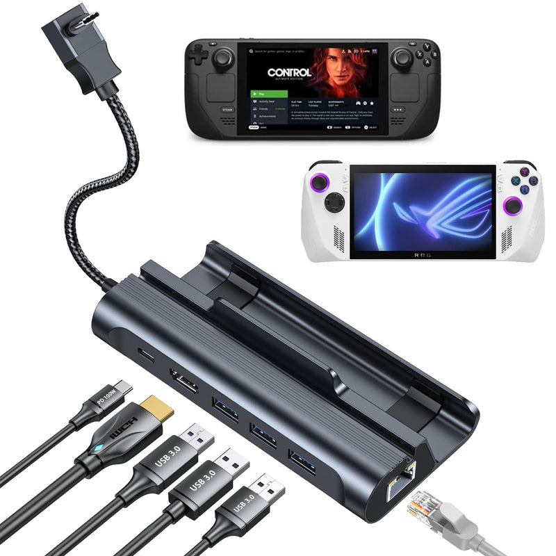 Docking Station for Steam Deck/ROG Ally, 6-in-1 Steam Deck Dock with HDMI 4K@60Hz, 1000Mbps Ethernet, 3 USB-A 3.0 and 100W Fast Charging USB-C,Deck Stand for Valve Steam Deck,ROG Ally
