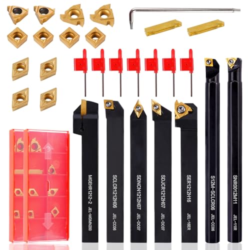 Indexable Lathe Turning Tool 21Pcs Kit 1/2" (12mm) Shank for Metal 7pcs 1/2'' 12mm Shanks+14pcs Inserts
