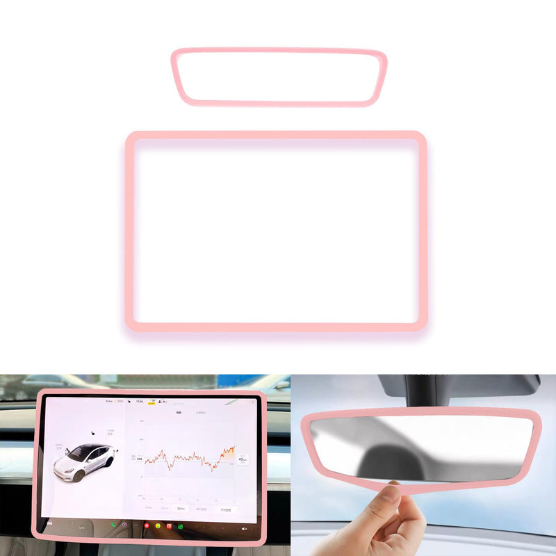 for 2017-2023 Tesla Model 3/2021-2024 Tesla Model Y Central Navigation Screen Protector Decorative Frame and Mirror Silicone Protective Cover Interior Accessories (Pink-Model 3/Y-2pcs) Pink-Model 3/Y-2pcs