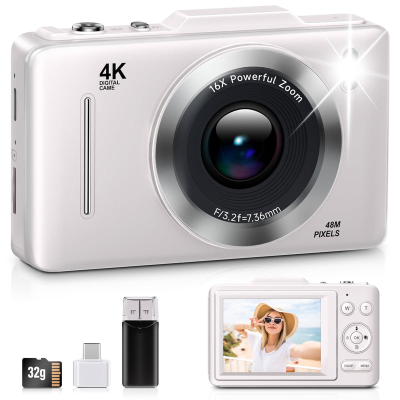 Digital Camera, FHD 1080P Kids Camera Digital with 16x Zoom Anti Shake, 32GB Card, 4K 48MP Portable Compact Point and Shoot Cameras, Vintage Small Camera for Teens Beginner Kids Present White