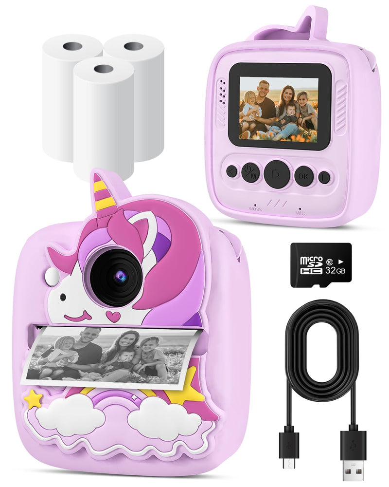 Instant Print Camera for Kids 3-12 Years, Thermal Print Kids Camera Toy is a Surprise Gift for Girls & Boys with 32G SD Card, 48 MP Photo, 1080P Video, 3 Rolls of Photo Paper (Purple) Purple