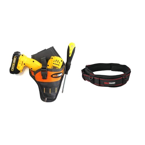MELOTOUGH Impact Driver Holster Cordless Drill Holster for Belt Tools and Drill Bits,Padded Tool Belt with D ring for men construction Strong Durable Double Metal Roller Buckle,adjustable waist 44-53'