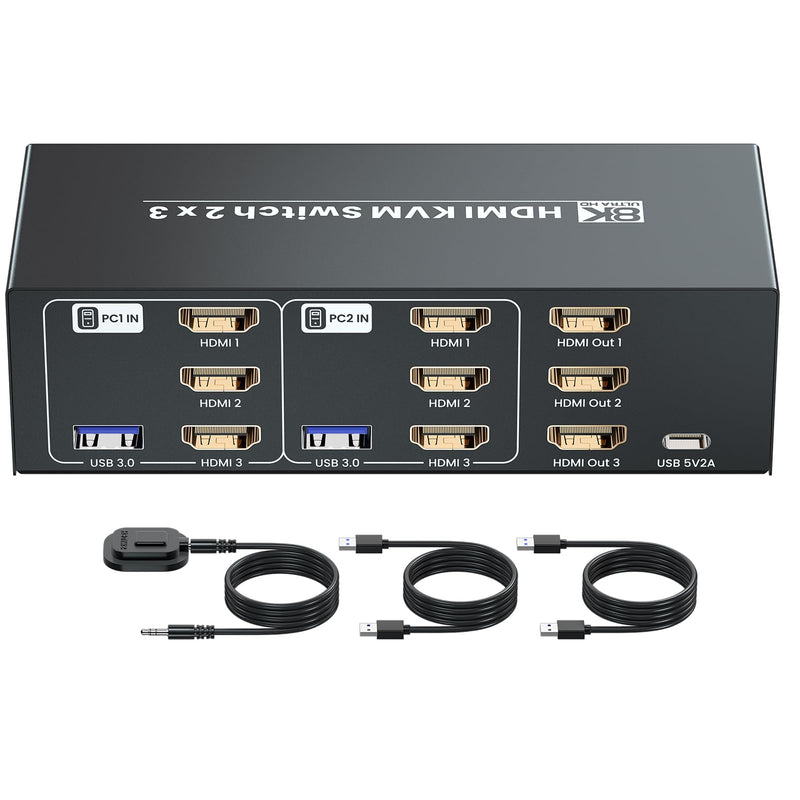 8K/60Hz USB 3.0 Three Monitor HDMI KVM Switch, 4K120Hz HDMI KVM Switcher 3 Monitors 2 Computers for 2 PC Share 3 Monitors and 1 Set of Keyboard Mouse and Other USB Devices
