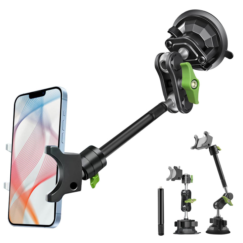 HEMMOTOP Suction Cup Car Phone Mount, 12 in Heavy Duty Metal Cell Phone Holder for Windshield, 360° Rotation Vacuum Magic Arm for iPhone All Smartphone & Cars Truck