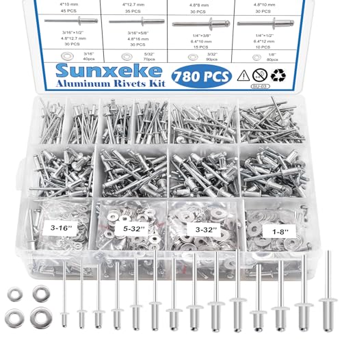 780pcs 14 Sizes Pop Rivets Aluminum Rivets with Washer Assortment Kit (3/32" 1/8" 5/32" 3/16" 1/4"), Assorted Blind Rivets for assembling RV, furniture and plastic frame windows.