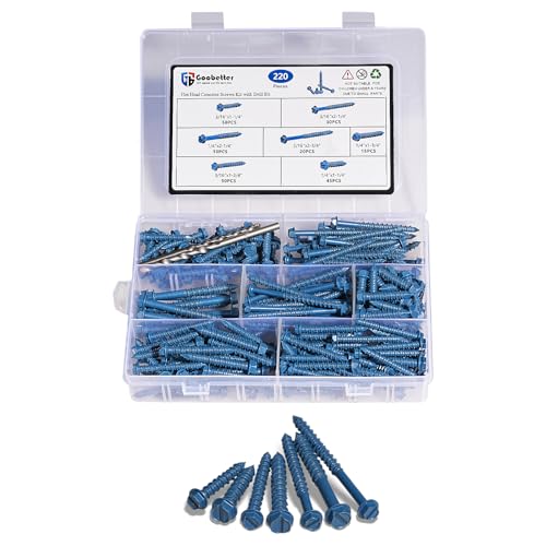 220Pcs 1/4" & 3/16" Hex Concrete Screw & Drill Bit Set, for Brick Masonry Slotted Hex Head 220Pcs 1-1/4" to 2-3/4"