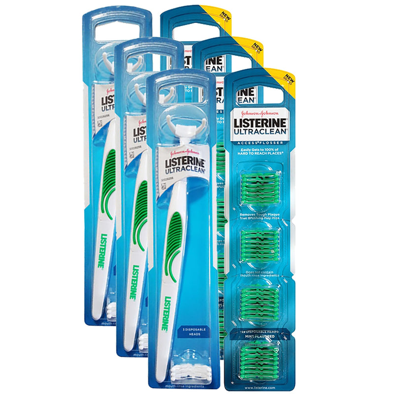 Ultra Clean Access Flosser for Hard-to-Reach Back Teeth, 3 Reusable Floss Handles with 84 Disposable Mint Refill Heads, Long Handle Flossing Tool for Adults