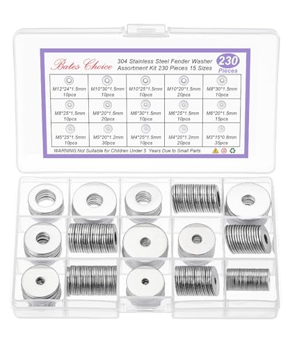 Bates- Fender Washers Assortment Kit, 230 pcs, Stainless Steel Flat Washers, 15 Sizes(M3-M12), Stainless Steel Fender Washers, Flat Washer, Large Washer Fender Washer Assortment, Assorted Washers