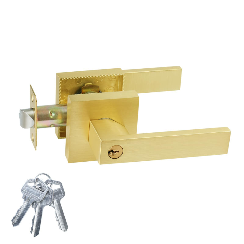 JO.KO Golden Door Handles with Lock and Keys,Brushed Golden Door Knobs | Satin Brass Door Handle Set,Interior / Exterior Door Lever for Bedroom Bathroom,Front Doors 1 Pack Polished Brass