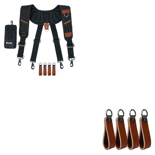 KUNN Leather Tool Belt Suspenders with Phone Holder & 4-Piece Leather Tool Belt Suspender Loops