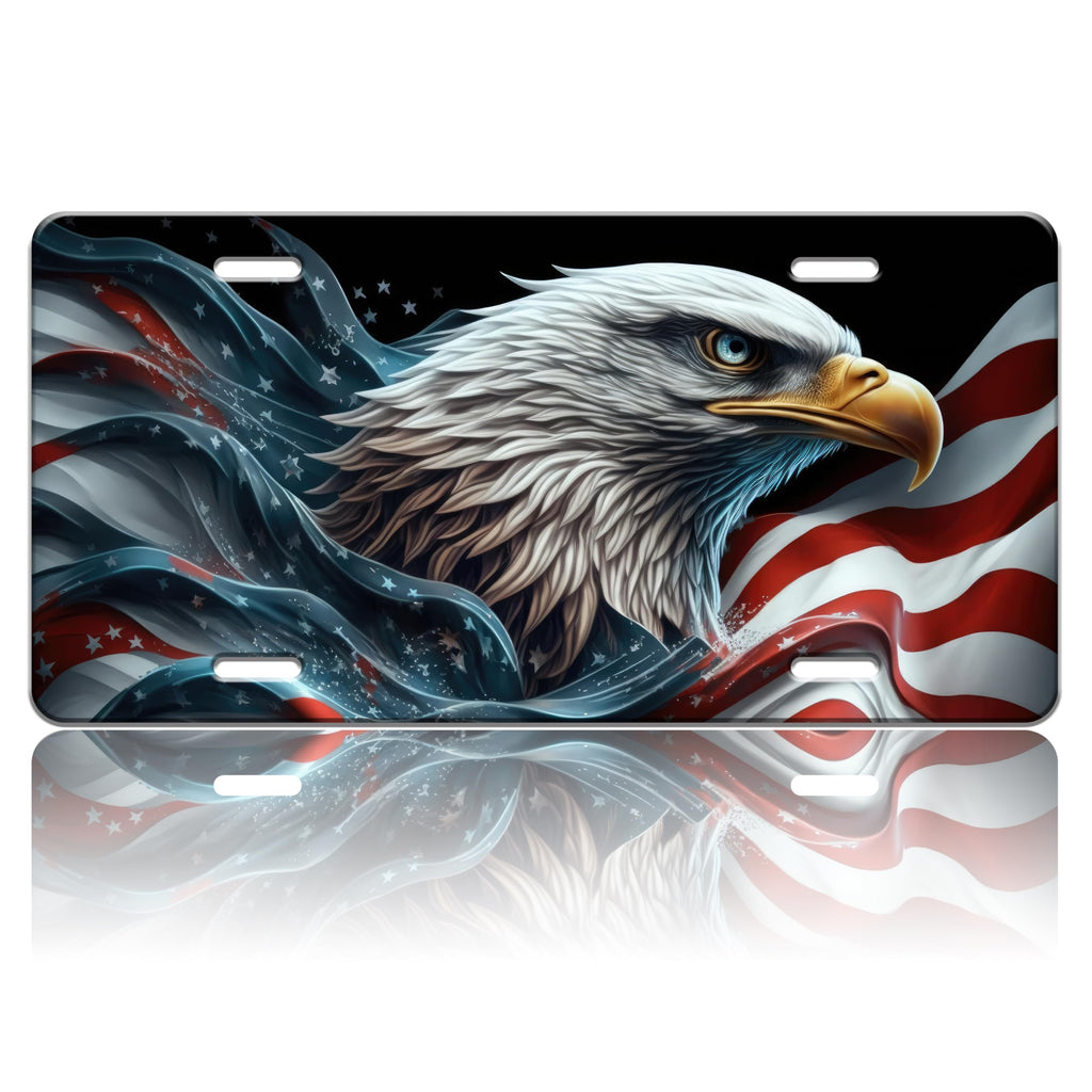 American Flag Eagle License Plate Patriotic Black License Plate Stainless Steel Front License Plate Vanity Tag Funny for Car Decorative Accessories for Women Men 6 X 12 Inch with 4 Holes American Flag Eagle