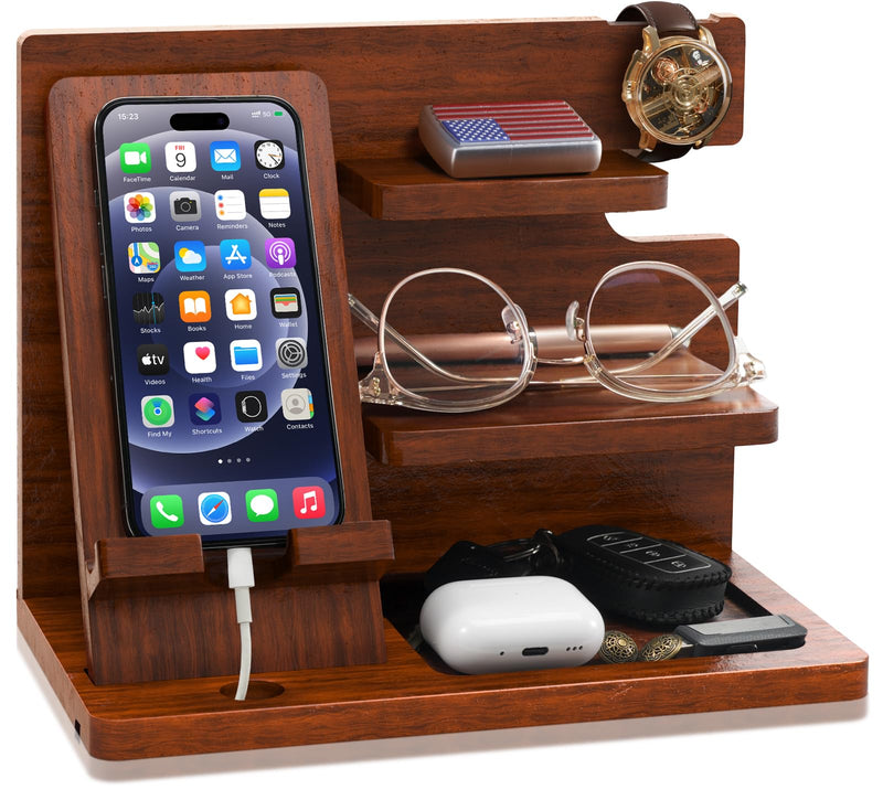 Wood Phone Docking Station for Men - Desk or Nightstand Organizer - Birthday Gifts for Husband, Dad - Anniversary Idea from Wife - Key Holder, Stand Wallet, Watch & Essentials