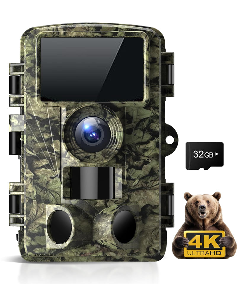 Trail Camera 4K 48MP Game Camera with Motion Activated, Low Glow Infrared LEDs Night Vision 130° Wide Angle with 32GB SD Card for Outdoor Wildlife Deer