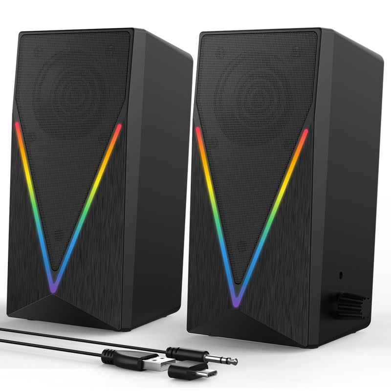 Computer Speakers, Desktop Speakers with 6 Colorful RGB Lights, Headphone Jack, Enhanced Bass and Volume Control, PC Speakers USB Powered & 3.5mm Aux Gaming Speakers for Laptop Monitor PC Tablet Phone