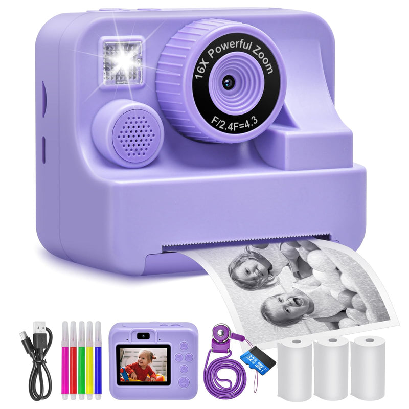 Kids Camera Instant Print Portable Dual-Lens Selfie Cameras with Print Paper & 32G Card, Photo 1080P HD Toddler Digital Printing Camera for 4 5 6 7 8 9 10 Years Old Girls Boys, Purple