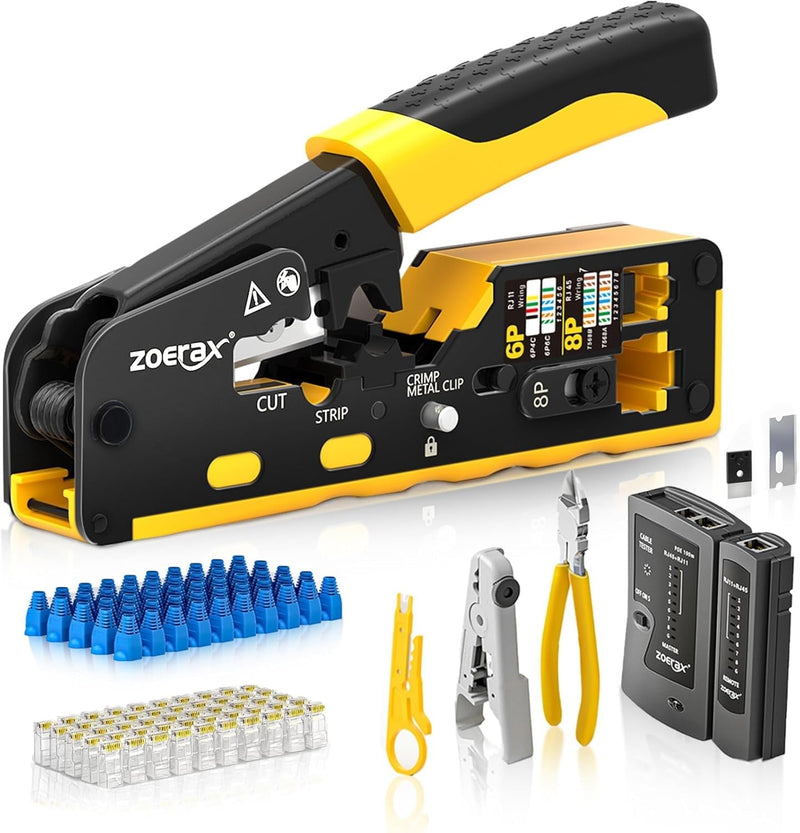 RJ45 Pass-Through Crimping Tool Kit for Cat7, Cat6, Cat5 – Includes Cable Tester, Wire Stripper, Cutter, 50 Cat6 Connectors & Strain Relief Boots – DIY Ethernet Network Tool 8 IN 1 Set